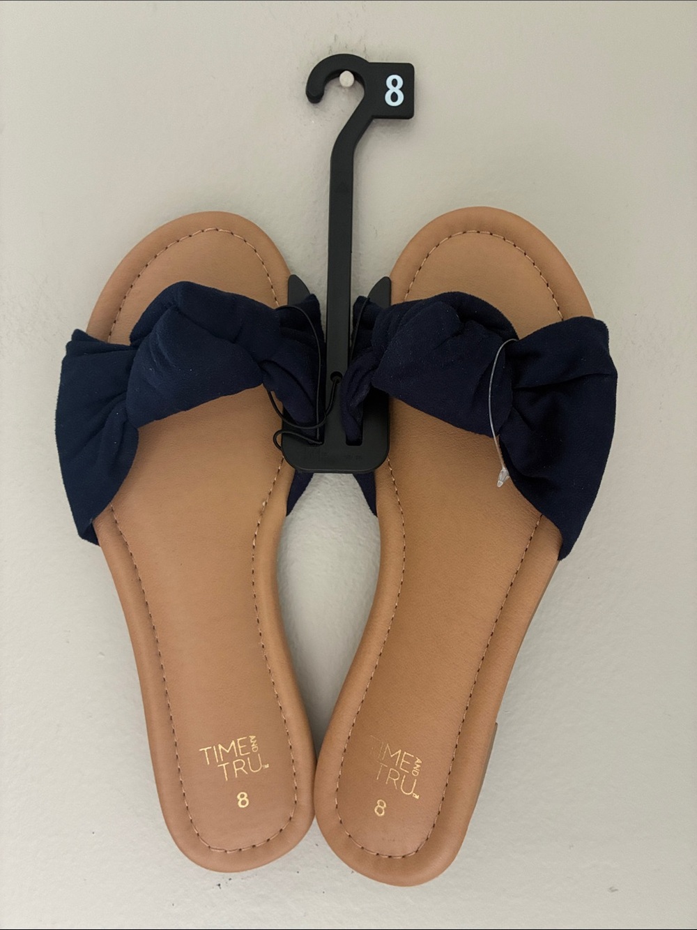 Time and Tru Navy Knot Slide Sandals with Tan Footbed - Women's NWT